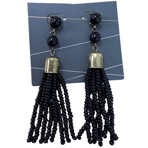Black Beaded Tassel Dangle Earrings With Gold Accents For Women - Picture 1 of 6